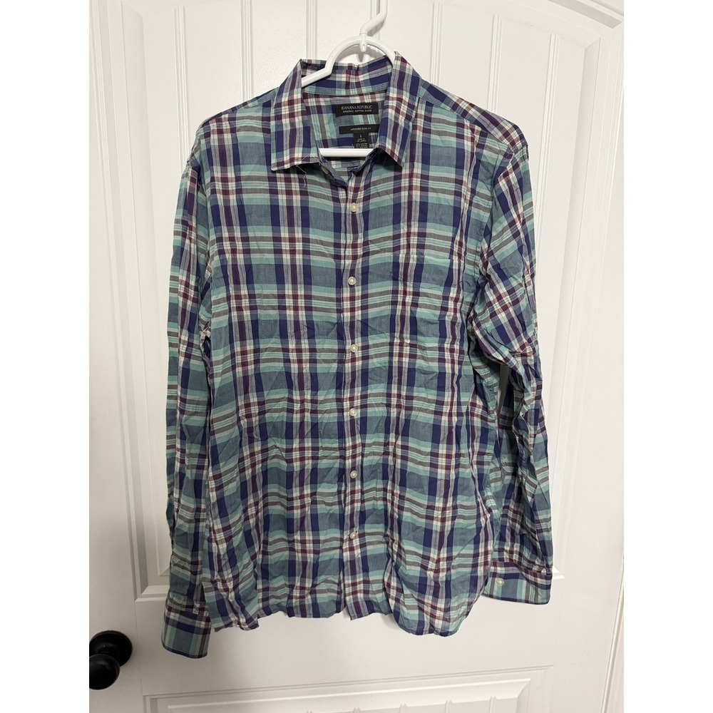 Banana Republic Shirt Mens L Untucked Slim Fit Plaid Organic Cotton Blend EUC